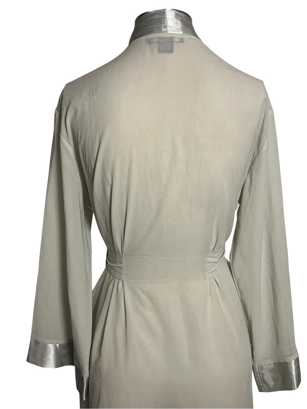 Vintage Halston Sage Green Satin Trim Wrap Robe Duster Maxi Sheer Jacket M - Picture 7 of 12